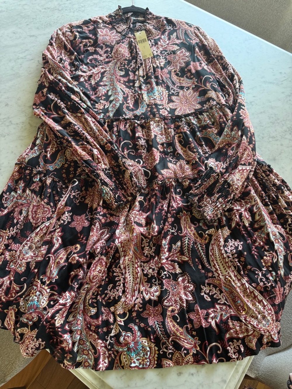 Anthropologie Black Paisley Mini Dress with Pink and Teal Accents